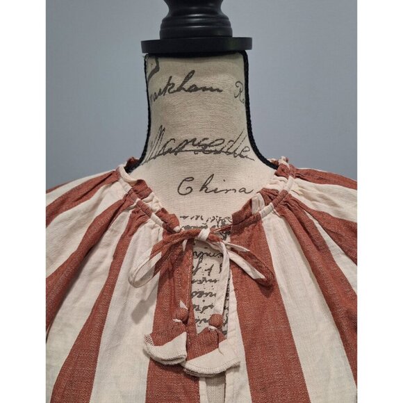 NWOT Knox Rose Rust & Cream Striped Cotton Blouse With Puff Sleeves & Tie Neck/S - Picture 3 of 7